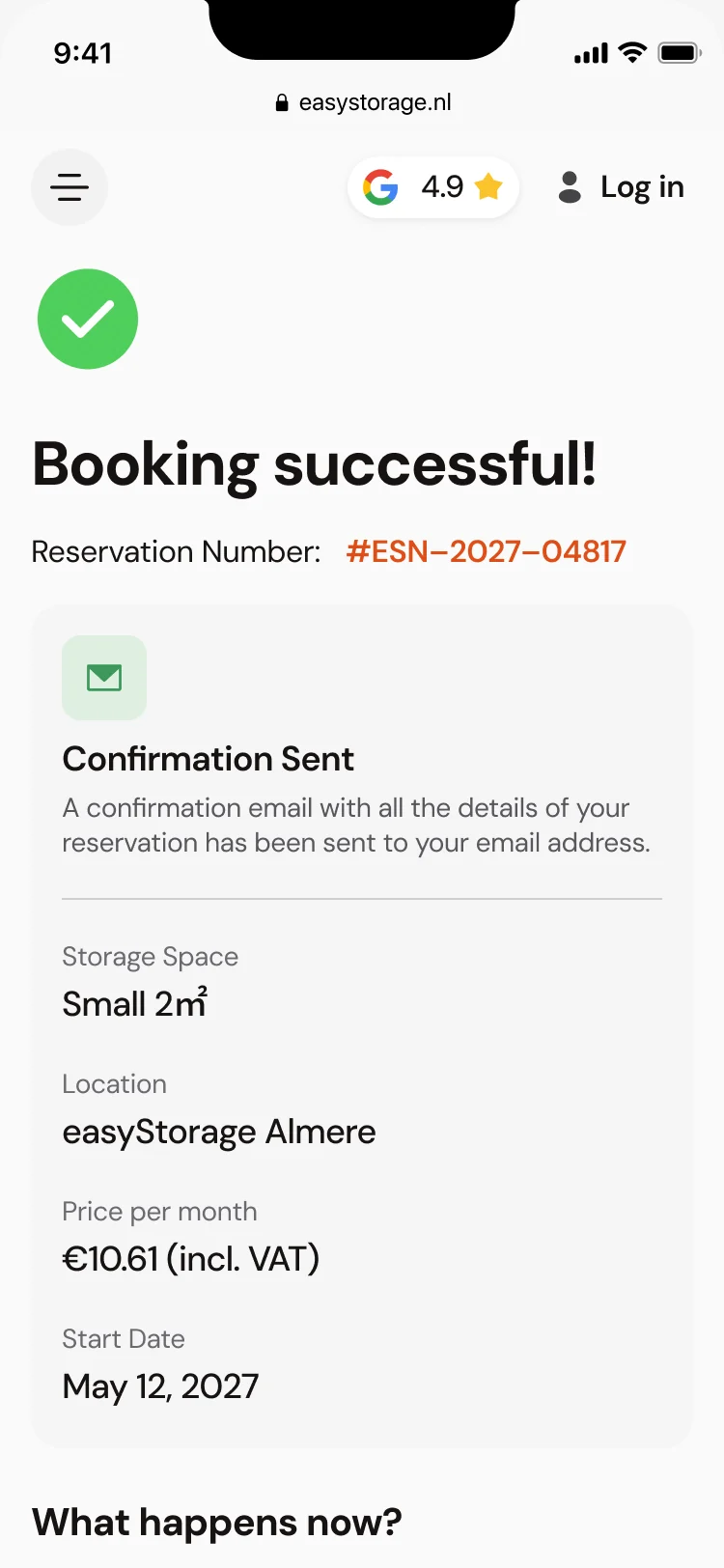 Mobile booking successful: reservation number, confirmation sent, storage space, location, price per month and start date