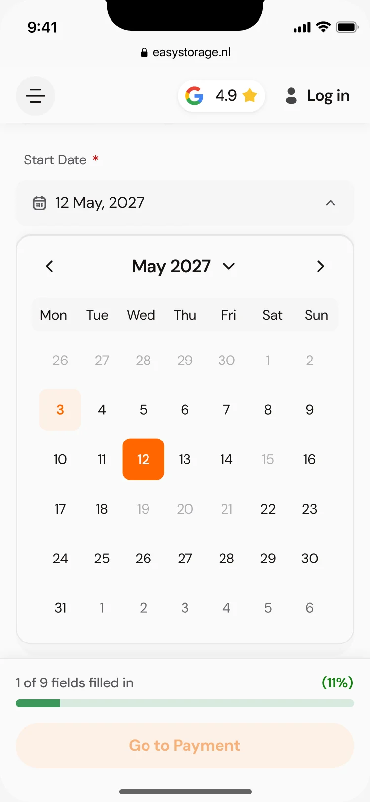 Mobile start date calendar for May 2027 with the 12th selected and a progress bar of fields filled