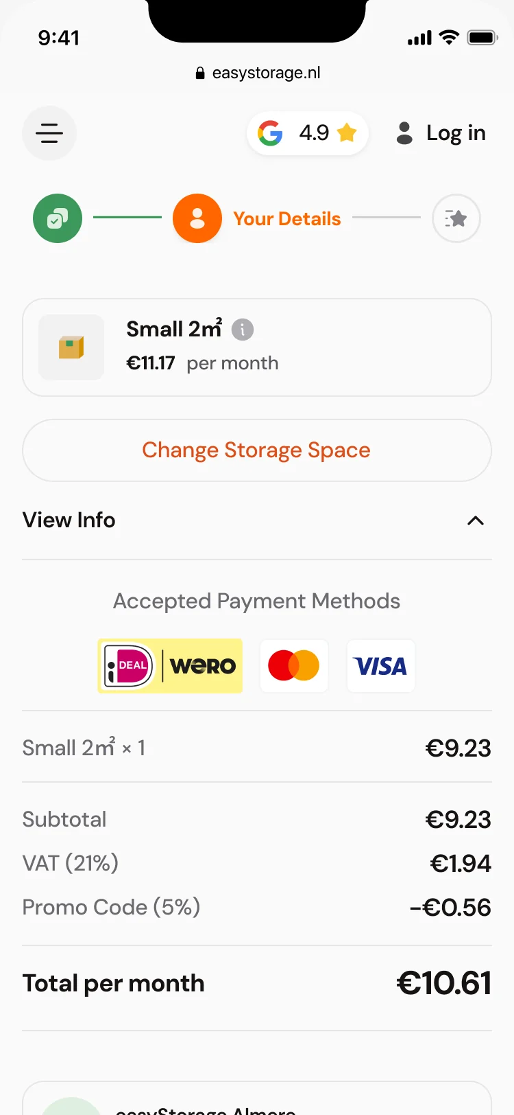 Mobile booking summary: Small 2 m², accepted payment methods, subtotal, VAT, a 5% promo code and the total per month