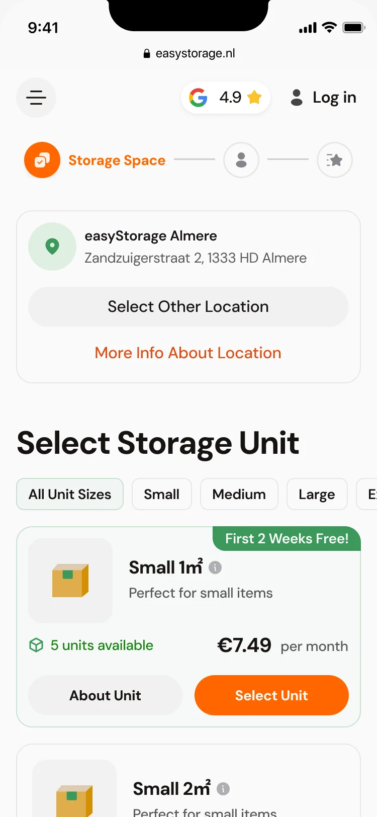Mobile unit step at easyStorage Almere: size filters and a Small 1 m² card with First 2 Weeks Free, units available, price per month and Select Unit