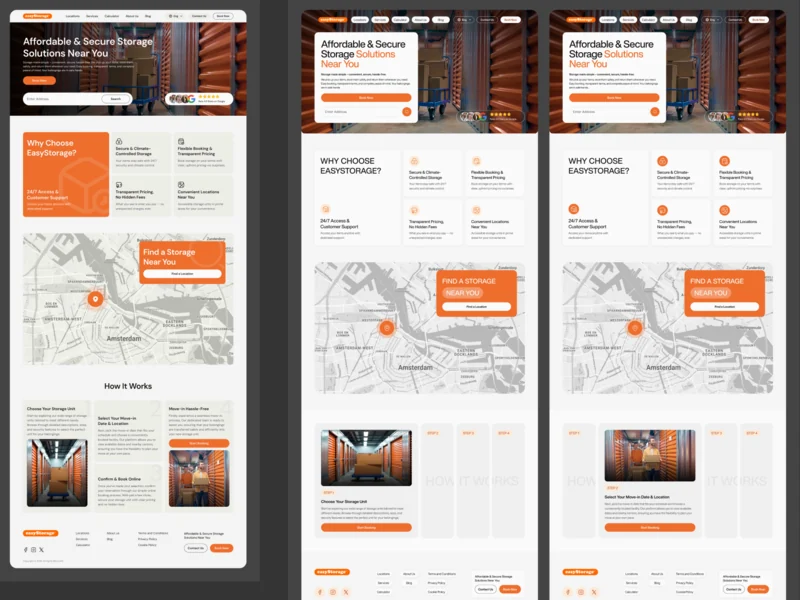 Three orange and charcoal homepage style directions