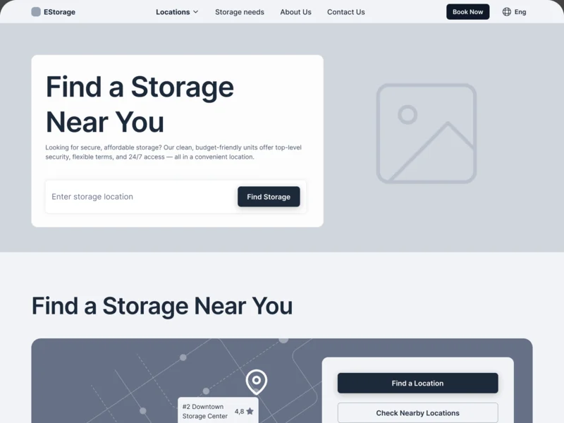 Grey wireframe of the Find a Storage Near You hero with the map block