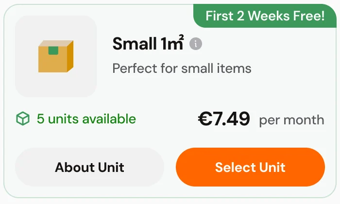 Mobile unit card: Small 1 m² with a First 2 Weeks Free badge, 5 units available, €7.49 per month, About Unit and Select Unit