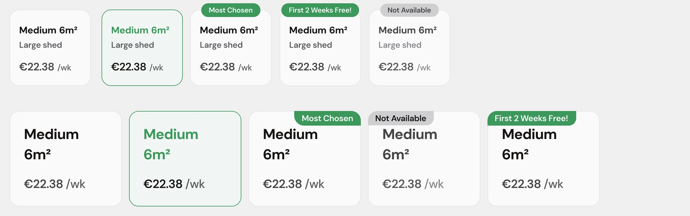 Unit size tile states for mobile and desktop: default, selected in green, most chosen, first two weeks free and not available in grey