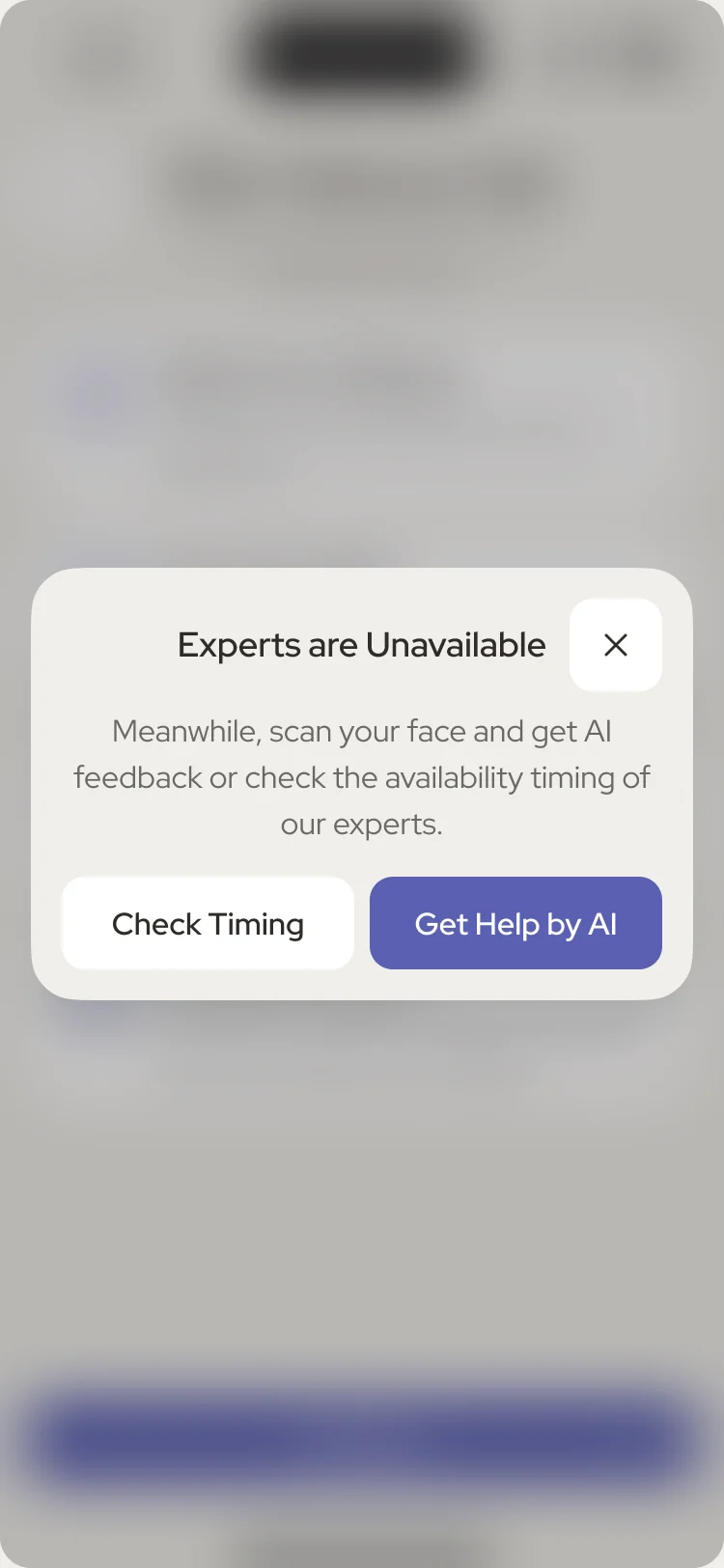 After Makeup Help: apply your makeup, scan your face, answer a few questions, chat with an expert, and a notice that experts are unavailable with Check Timing and Get Help by AI