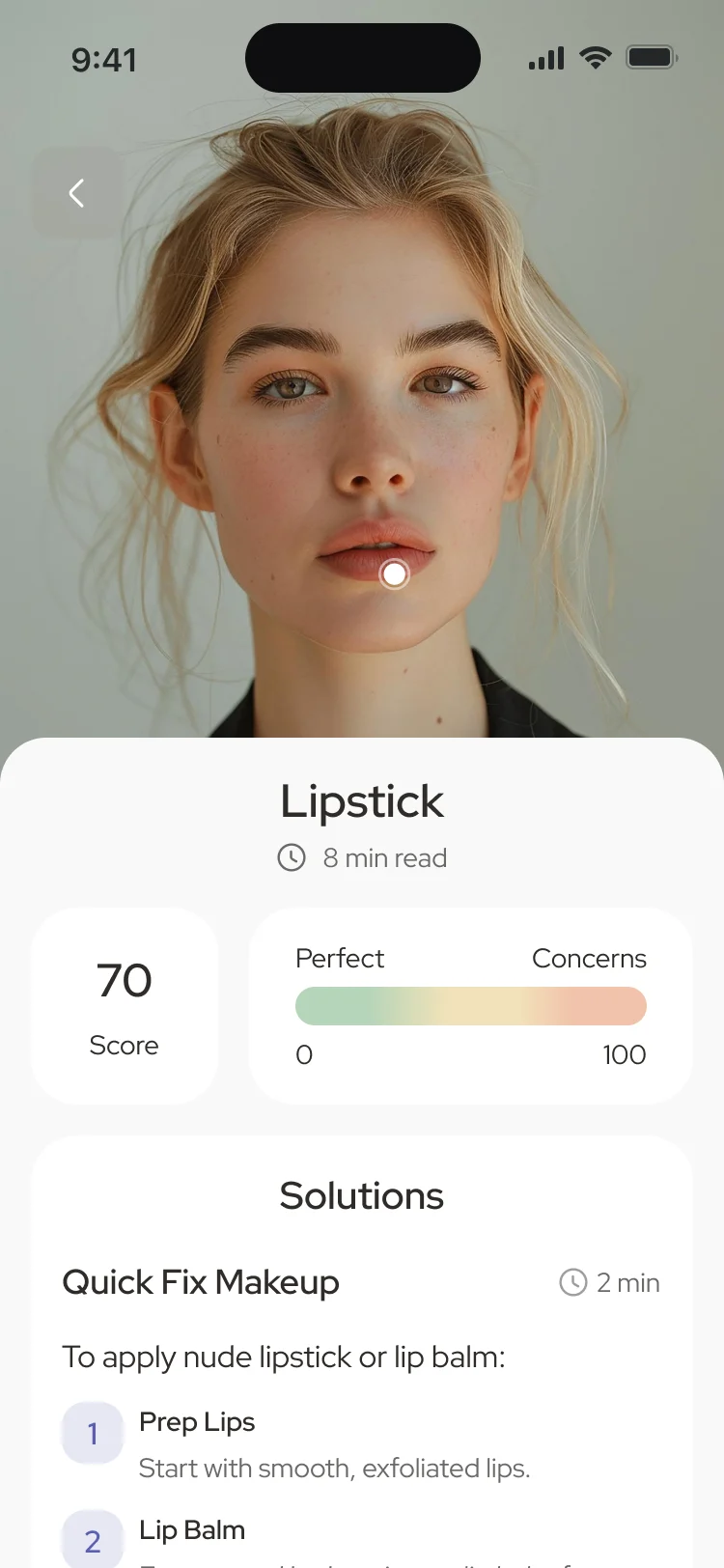 Lipstick, a category of the makeup report: a score of 70, a range bar and the Quick Fix Makeup steps, from Prep Lips to Lip Balm