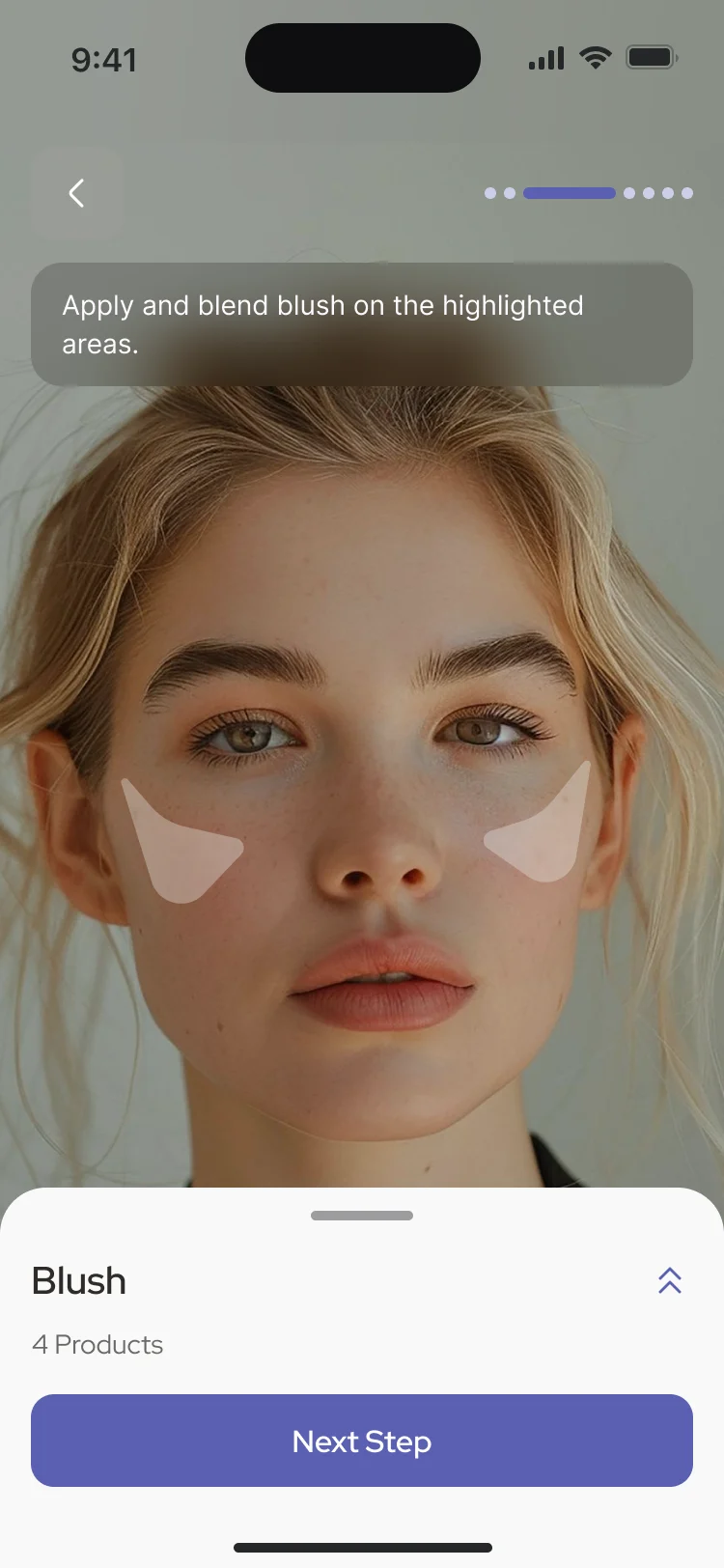 Apply and blend blush on the highlighted areas: the cheeks marked on the live camera, and the Blush sheet with four products