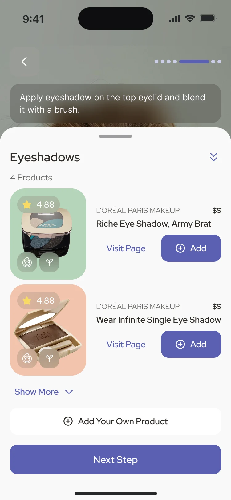 Apply eyeshadow on the top eyelid and blend it with a brush: the Eyeshadows sheet with four products, each with Visit Page and Add