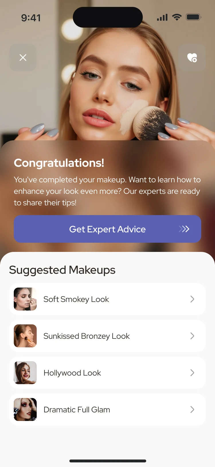 Congratulations, you’ve completed your makeup, with Get Expert Advice and a list of suggested makeups