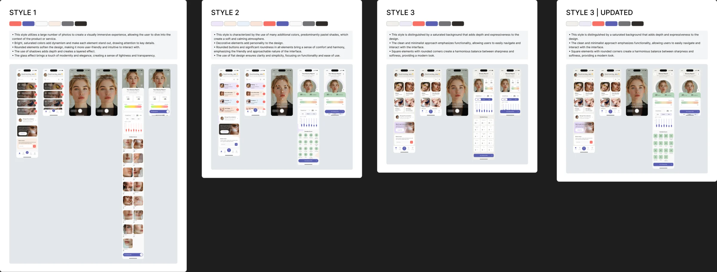 Three visual styles for the same screens: a photo-led one with saturated colour, a pastel one with rounded elements, and a saturated-background one with square corners, with the updated third beside them