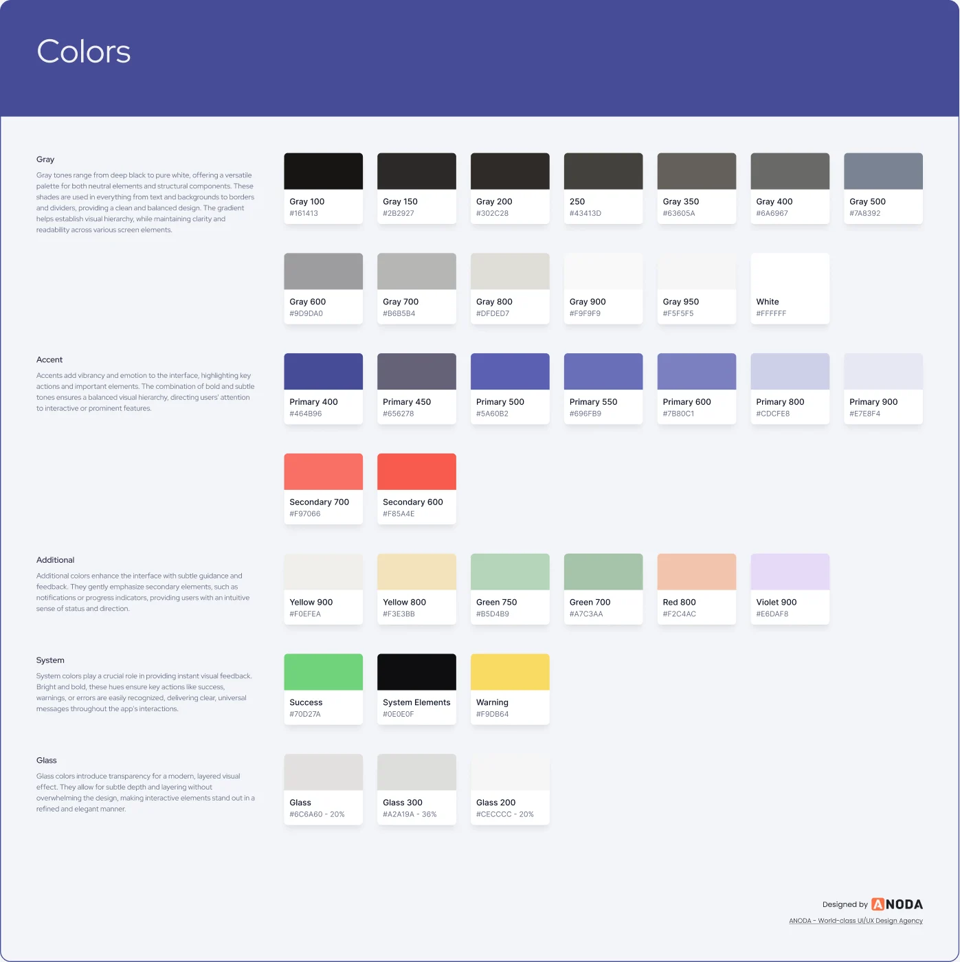 Colours: grey scale, violet accent shades, a coral secondary, additional pastel colours, success, warning and system colours, and glass tints, each with its value