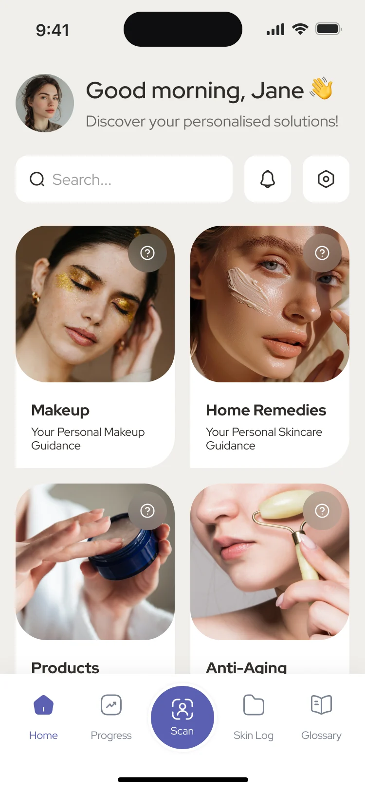 Forever Beauty home: Good morning, Jane with a search field, cards for Makeup, Home Remedies, Products and Anti-Aging, and the tab bar with Home, Progress, Scan, Skin Log and Glossary