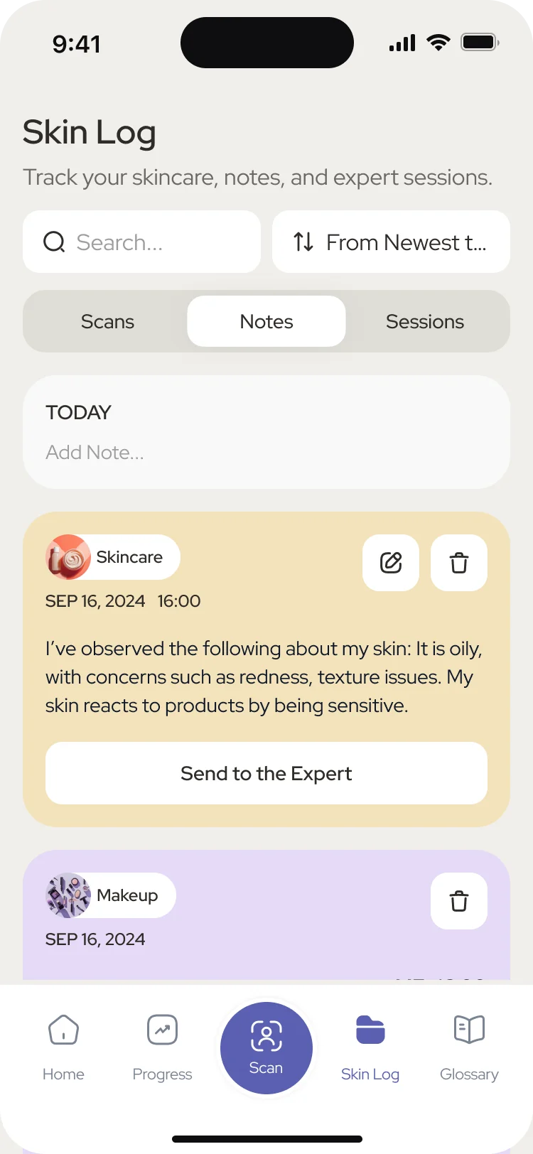 Skin Log on the Notes tab: Add Note for today, a skincare note about oily skin with Send to the Expert, and a makeup note with a reply from the expert