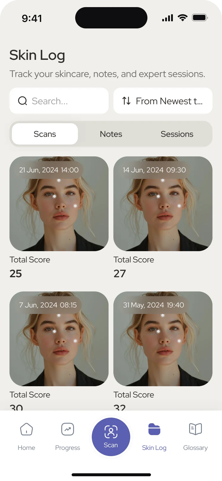 Skin Log on the Scans tab: search, sort from newest to oldest, and four scans of the same face from 21 June back to 31 May 2024 with total scores of 25, 27, 30 and 32