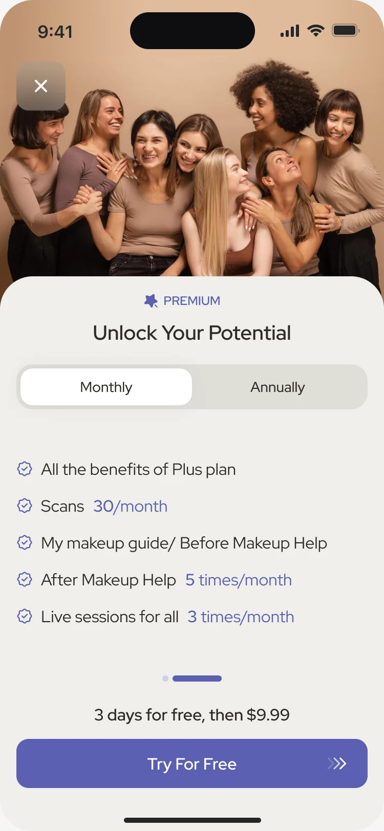 Premium membership: all the benefits of Plus, 30 scans a month, My makeup guide and Before Makeup Help, After Makeup Help 5 times a month and live sessions 3 times a month, then 3 days for free, then $9.99, with Try For Free