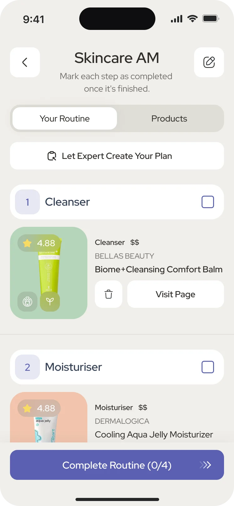 Skincare AM, Your Routine: Let Expert Create Your Plan, then step 1 Cleanser with Biome+ Cleansing Comfort Balm and step 2 Moisturiser with Cooling Aqua Jelly Moisturizer, each with a box to tick, and Complete Routine (0/4)