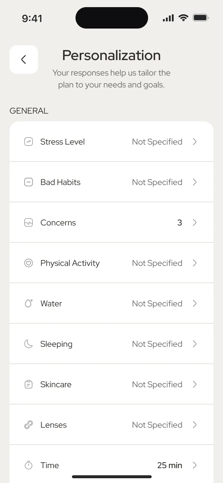 Personalization: rows for stress level, bad habits, concerns, physical activity, water, sleeping, skincare, lenses, time and goals, then makeup and environment