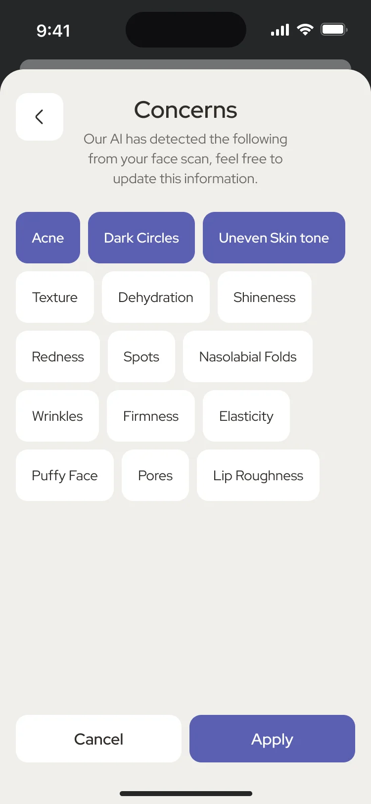 Concerns: chips for acne, dark circles, uneven skin tone and more, with the three found by the scan selected, and Cancel and Apply