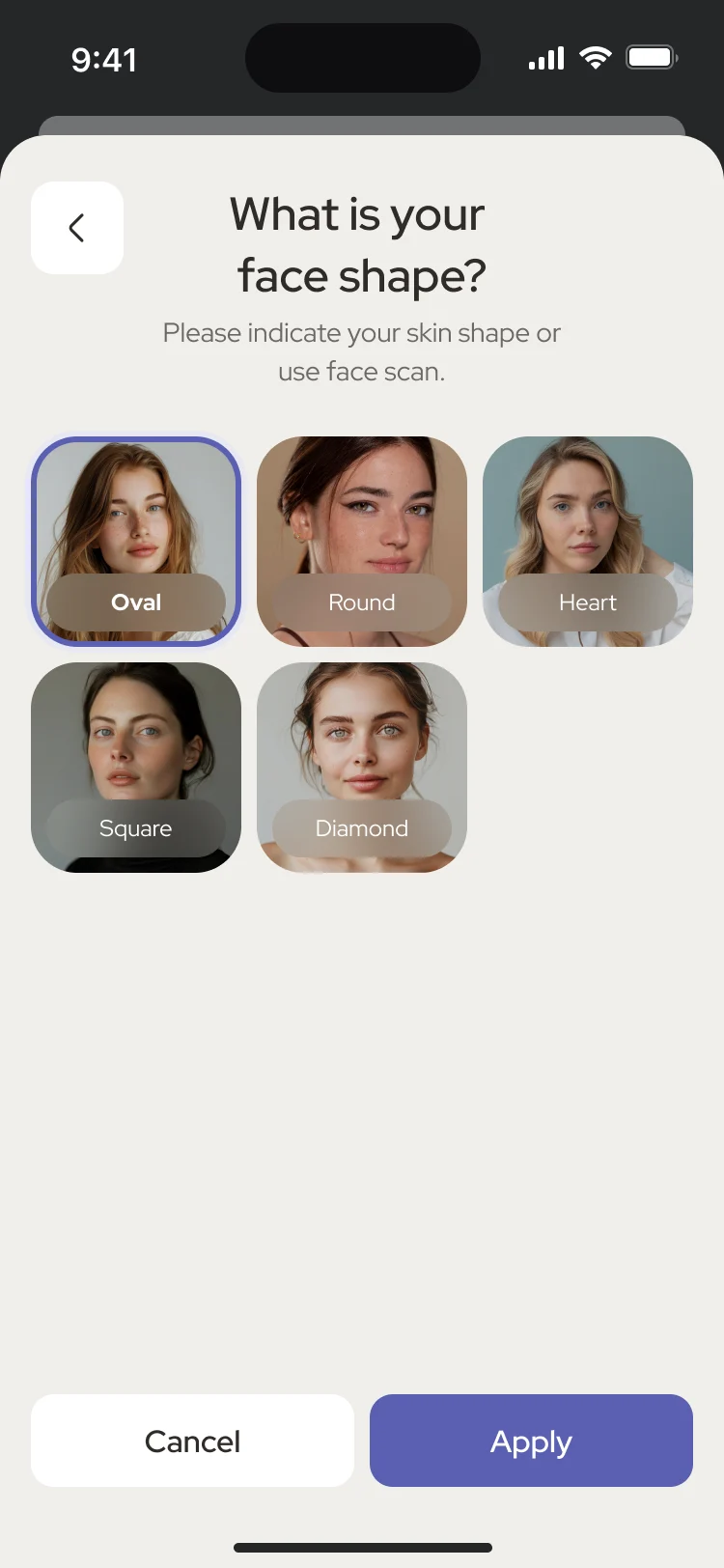 What is your face shape: Oval, Round, Heart, Square and Diamond, with Oval selected