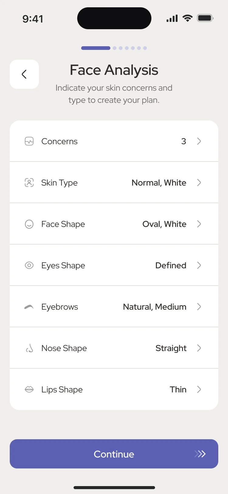 Face Analysis: concerns, skin type, face shape, eyes shape, eyebrows, nose shape and lips shape, with Continue