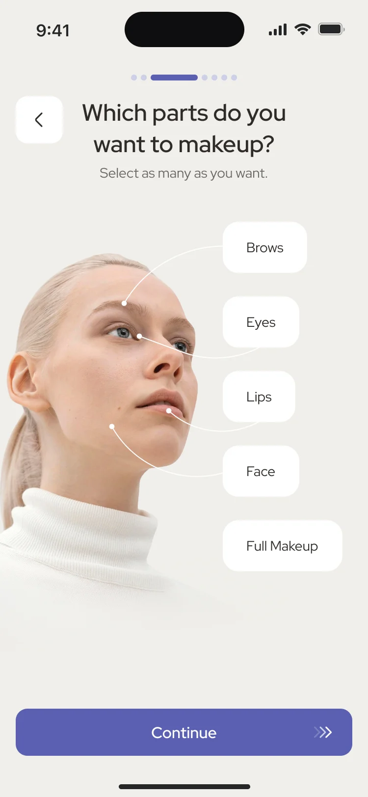 Which parts do you want to makeup: a face with Brows, Eyes, Lips, Face and Full Makeup to choose from