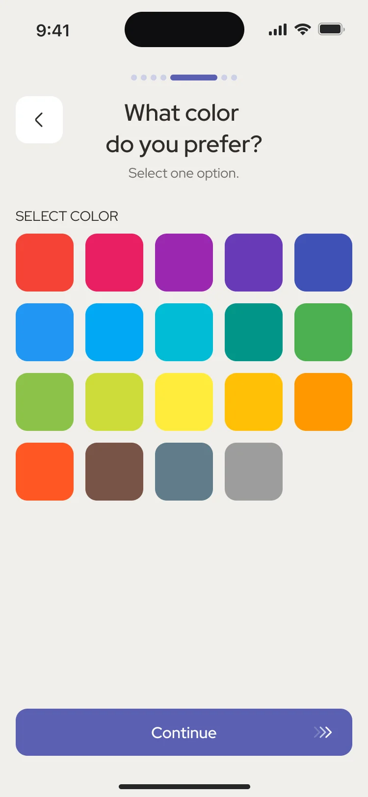 What colour do you prefer: a grid of colour swatches, with Continue