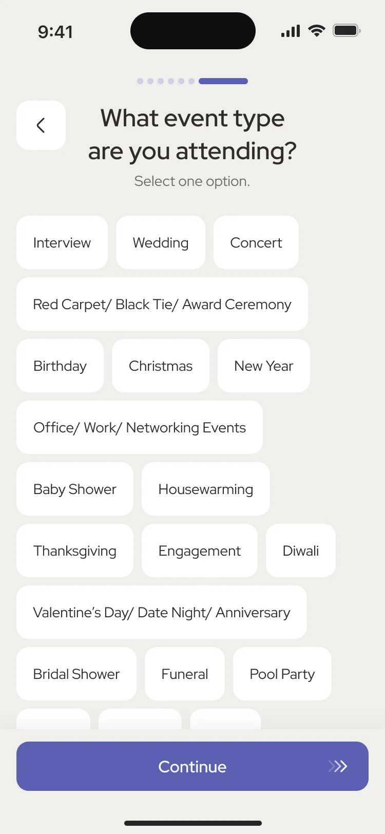 What event type are you attending: a list from Interview, Wedding and Concert to Pool Party and Other
