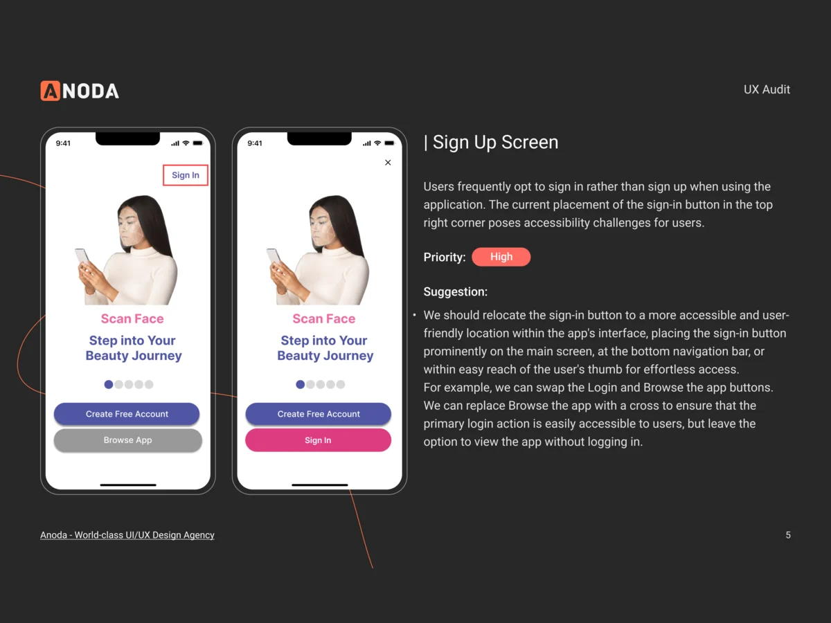 An audit slide about the Sign Up screen: two phones with the Sign in and Browse app buttons outlined, a priority tag and a suggestion
