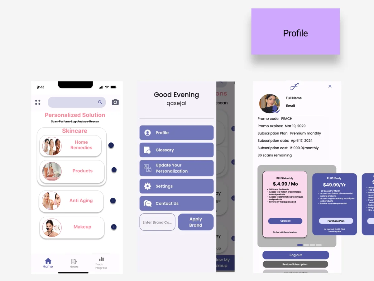 Information architecture board in FigJam: the live app’s home screen with its skincare and makeup cards, the side menu it opens, and the profile with the member’s photo, subscription details and plans