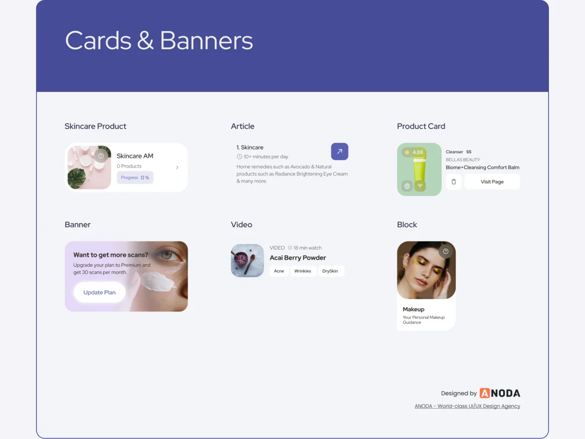 UI kit: Cards and Banners, showing a skincare product card, an article, a product card, a banner, a video and a block