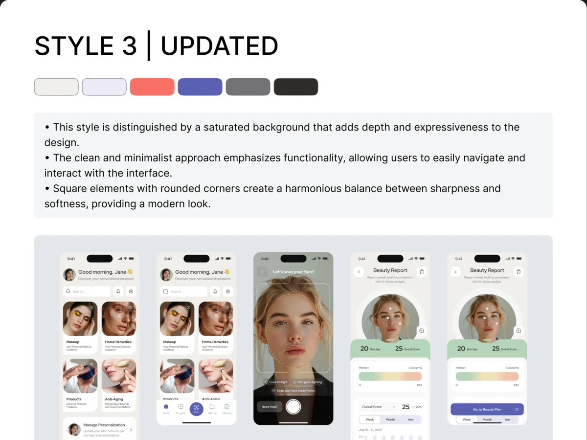 Style 3, updated: a palette of six colours, notes on the style, and the home, scan and report screens in it