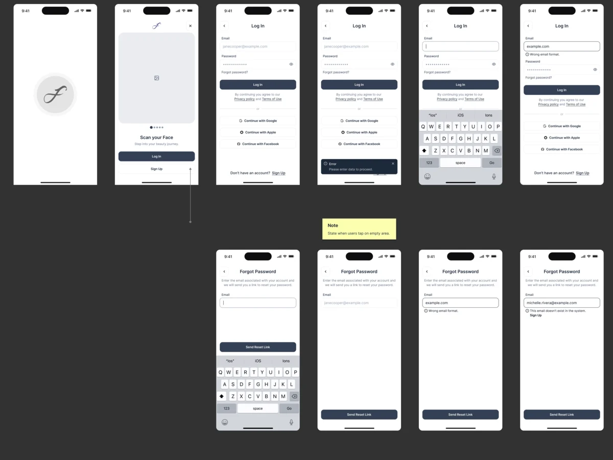 Wireframes of log in and forgot password: the log-in form with its error states, with notes beside them