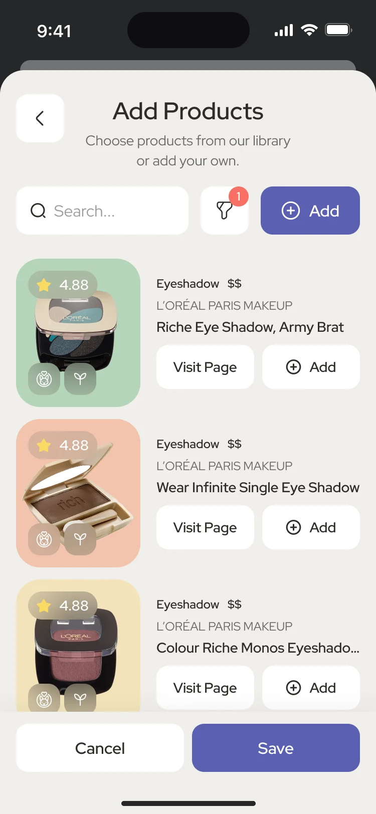 Add Products: a search field and product cards for eyeshadows and a sunscreen, with Cancel and Save