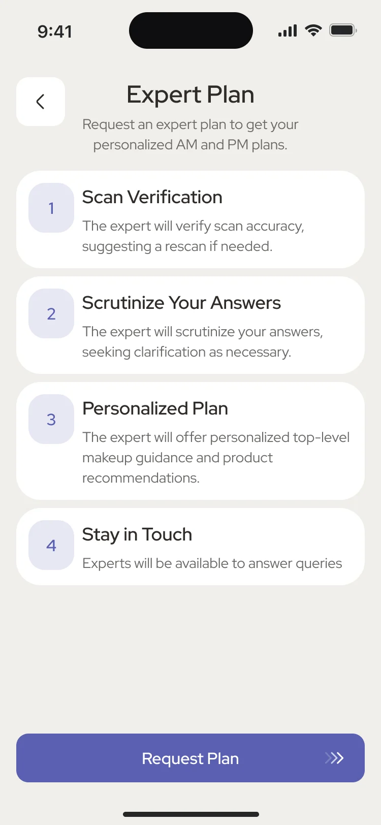 Expert Plan: scan verification, scrutinise your answers, personalised plan and stay in touch, with Request Plan