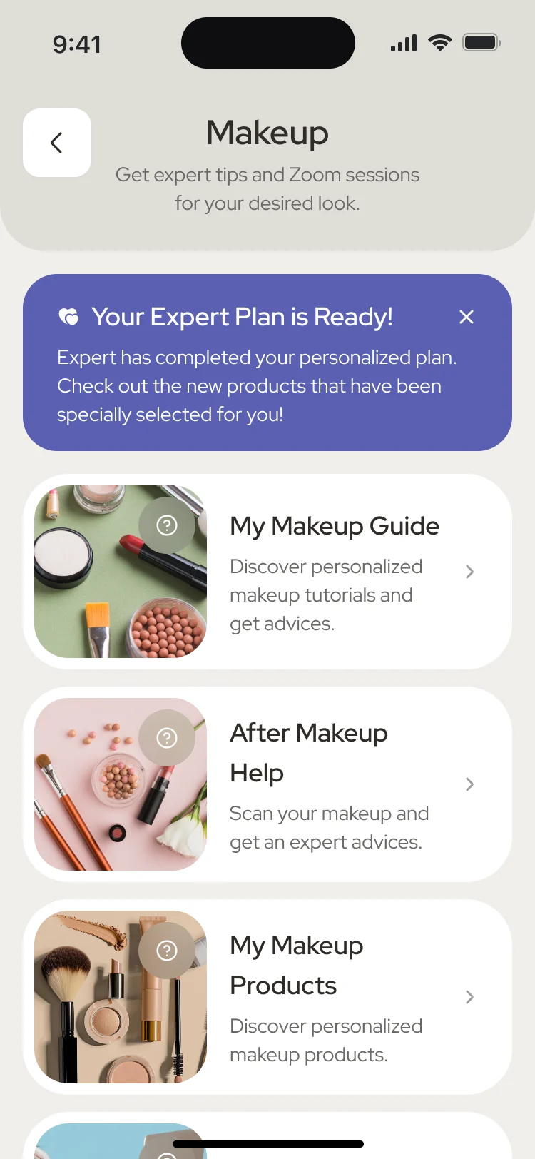 Makeup: a banner saying Your Expert Plan is Ready, above My Makeup Guide, After Makeup Help, My Makeup Products and Expert Zoom Session