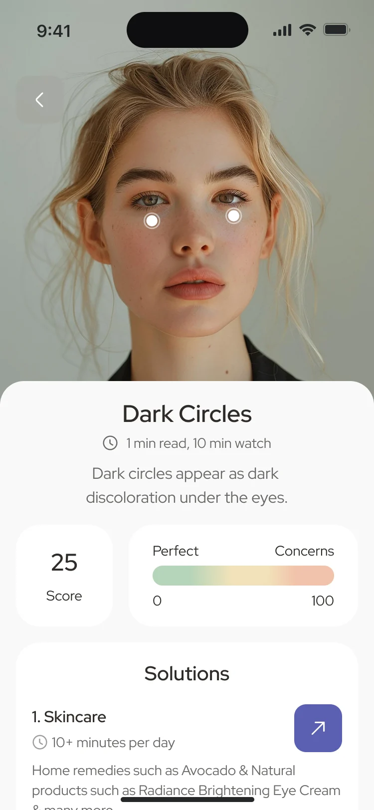Dark Circles: a score of 25 and solutions in four groups: skincare, facial yoga and massages, makeup and lifestyle, with Watch Tutorial