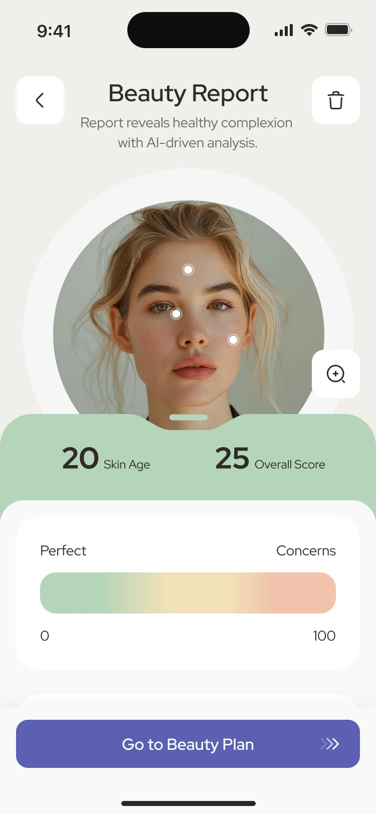Beauty Report with the score card: skin age 20, overall score 25 and the range bar, above the week, month and year chart
