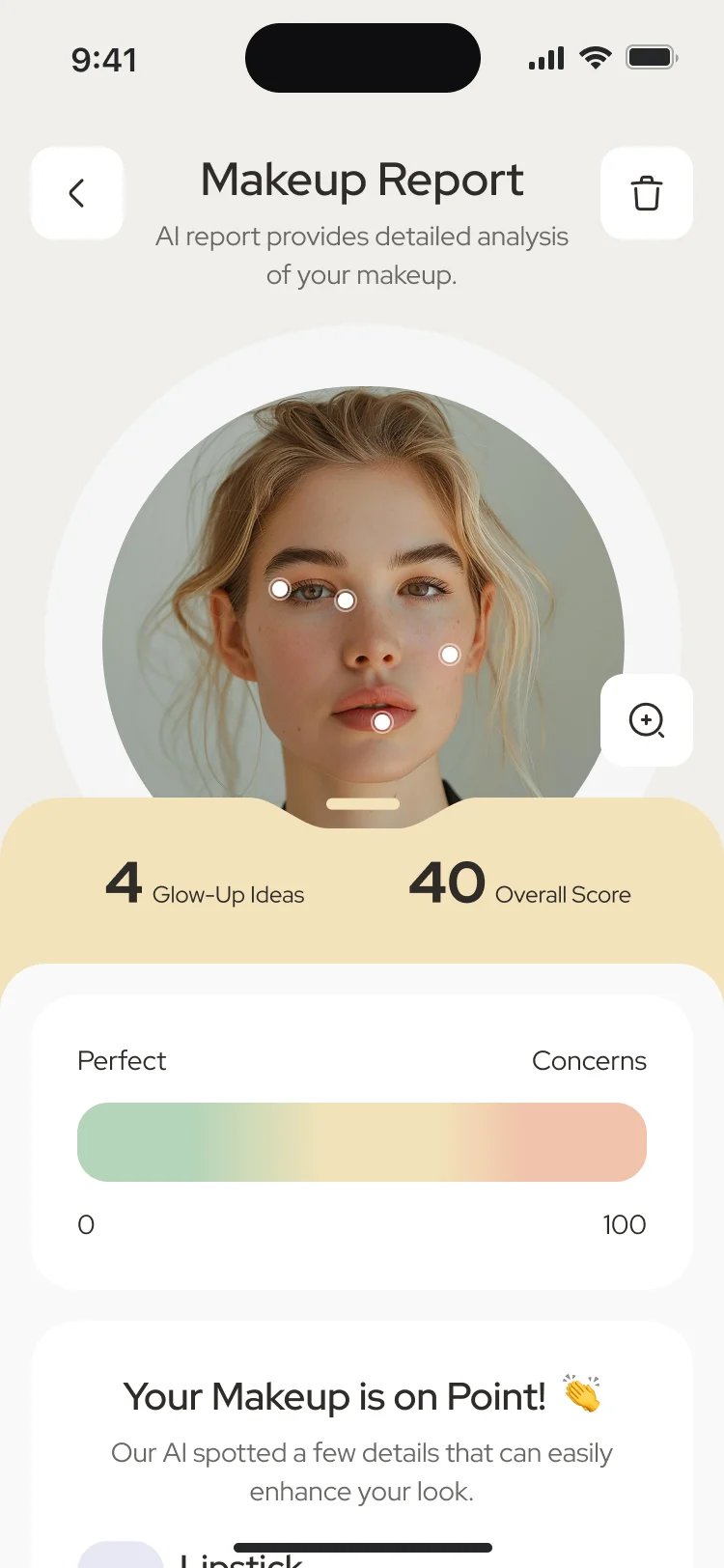 Makeup Report: 4 glow-up ideas and an overall score of 40 on the same card, and Your Makeup is on Point with the first suggestions