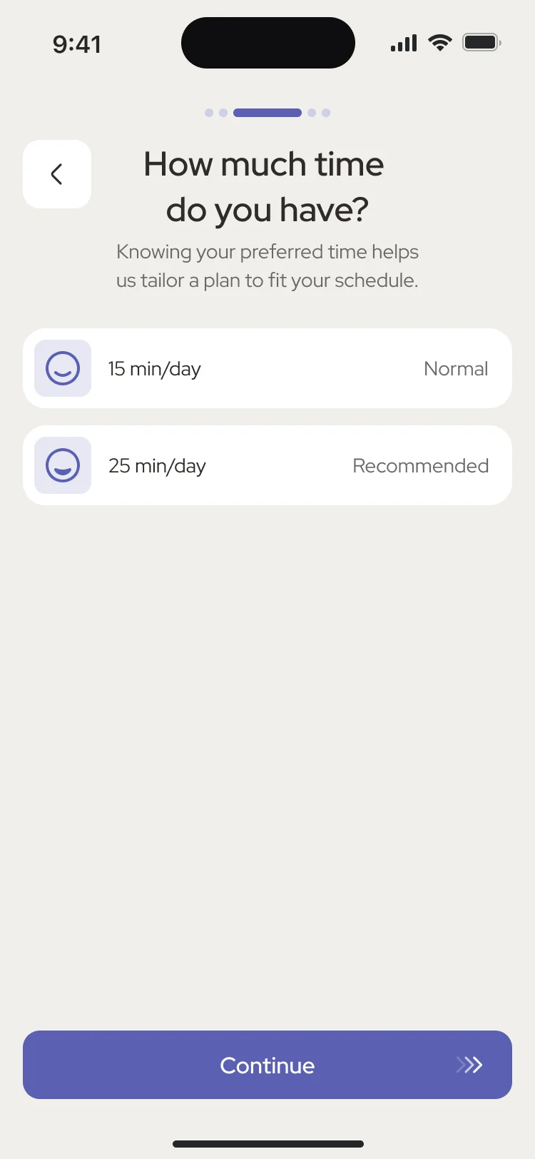 How much time do you have: 15 min a day marked Normal and 25 min a day marked Recommended, with Continue