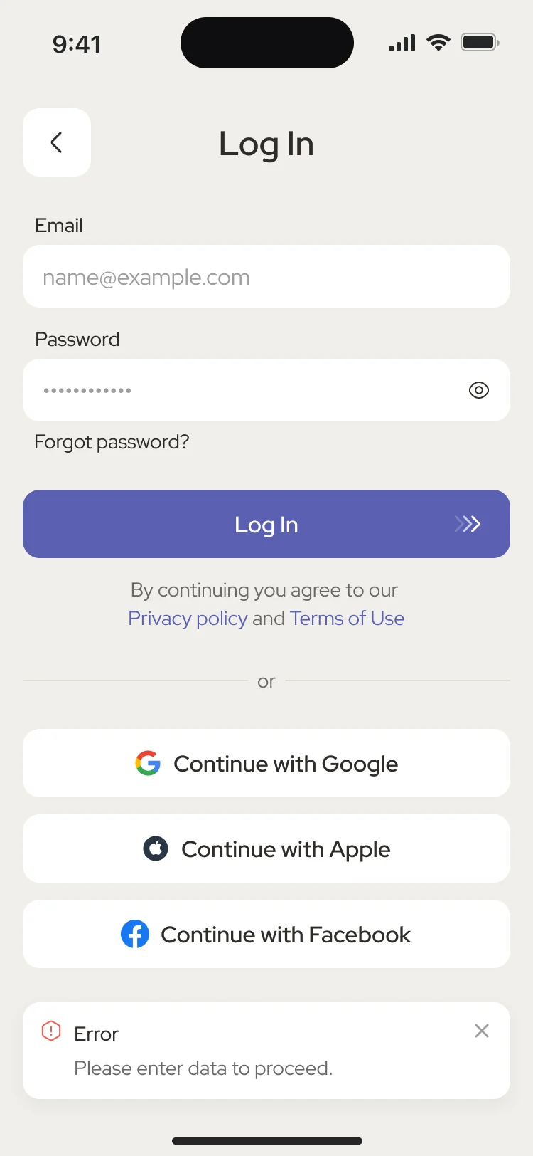 Log in with an error message under the form