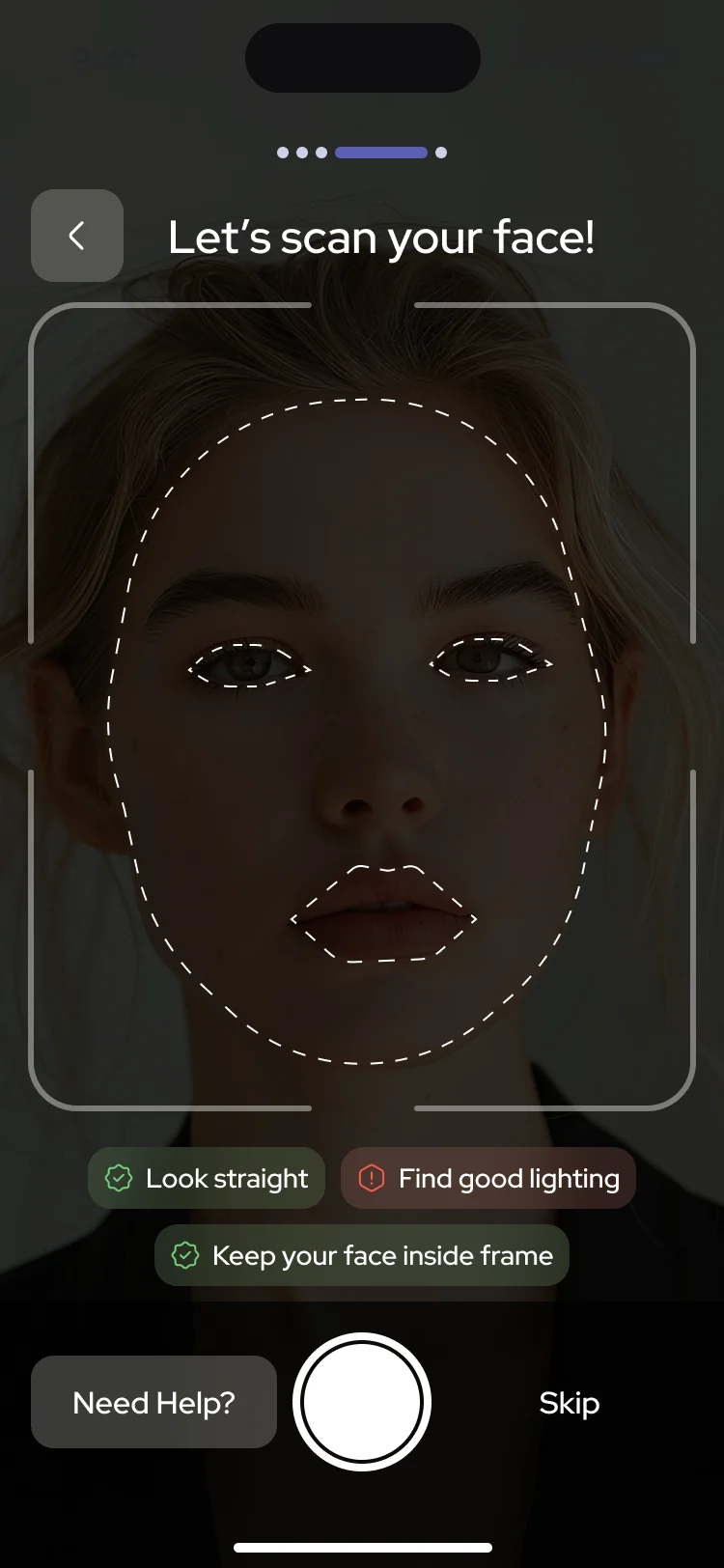 The scan step with a dark picture and Find good lighting flagged in red, and Look straight and Keep your face inside frame ticked