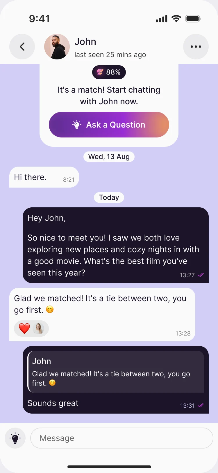 A chat with John: the match card, messages, a reaction and a reply to a quoted message