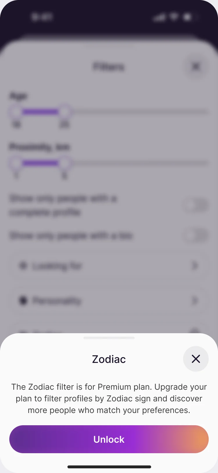 Filters with a Zodiac sheet: the Zodiac filter is for the Premium plan, with Unlock