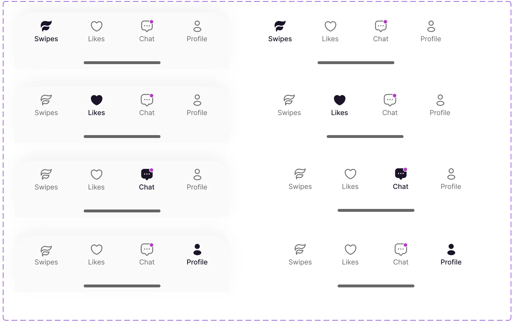 Fusion tab bar: Swipes, Likes, Chat and Profile in each selected state, with and without the scroll blur, and the Chat badge