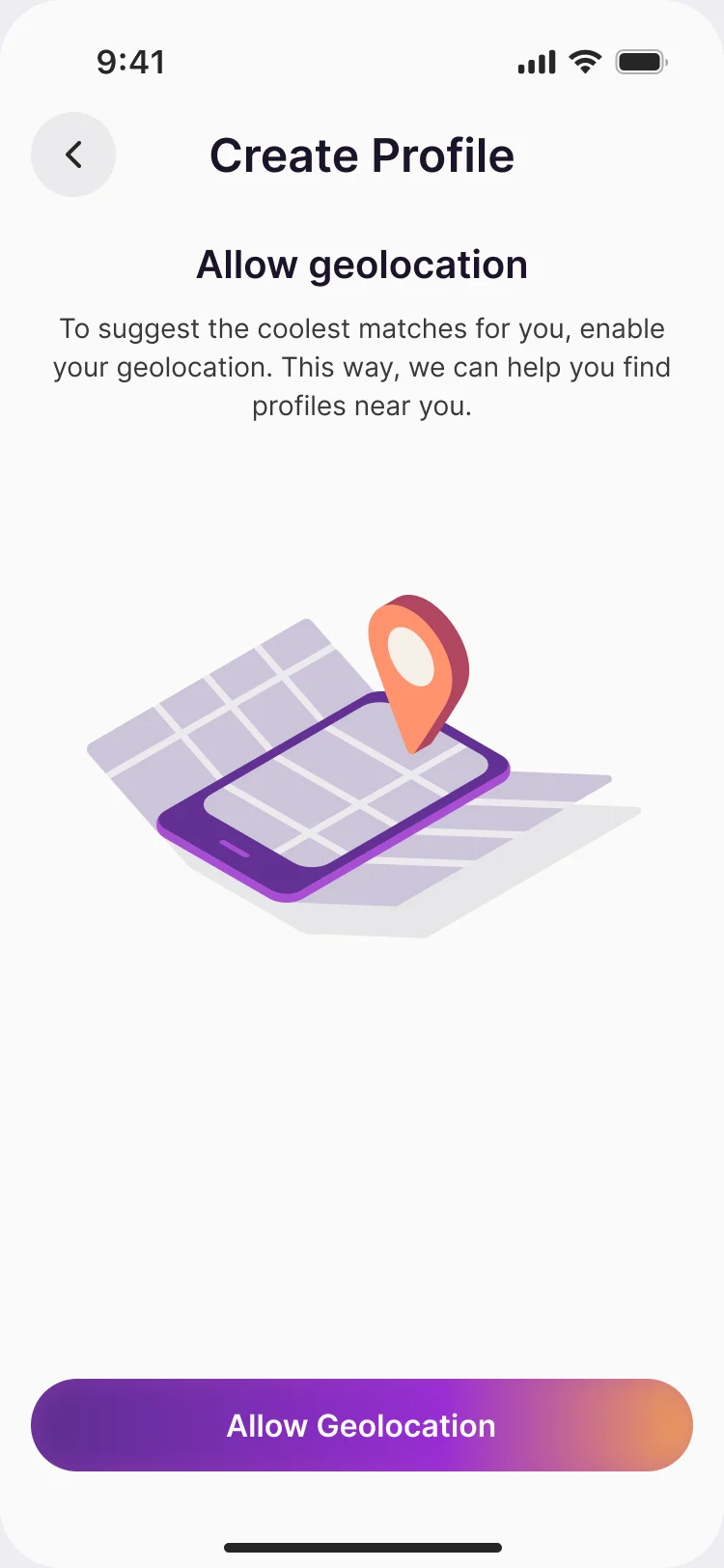 Allow geolocation: to suggest matches near you, with a map illustration and the Allow Geolocation button
