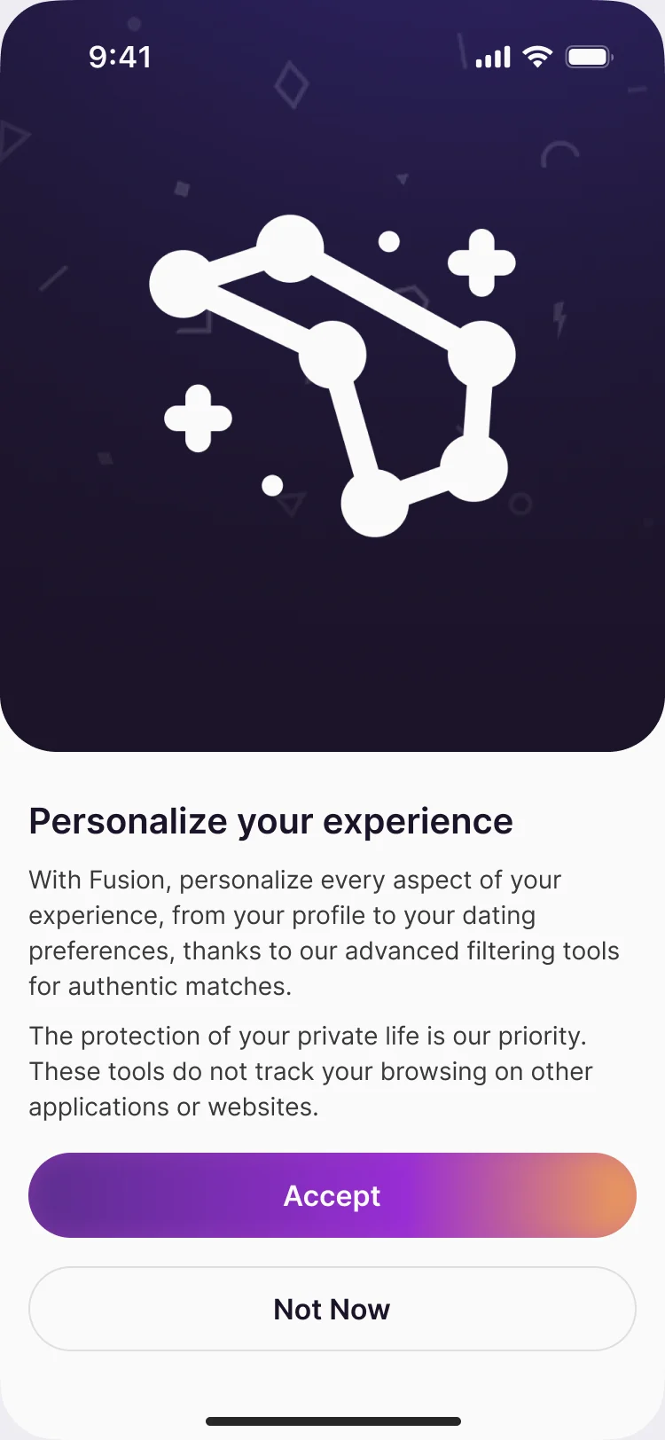Personalize your experience: filtering tools for authentic matches and a statement that they do not track browsing on other applications or websites, with Accept and Not Now
