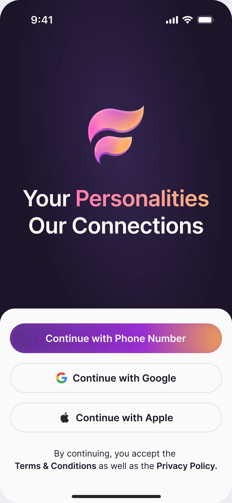Fusion welcome screen: Your Personalities, Our Connections, with Continue with Phone Number, Google and Apple, and the terms line