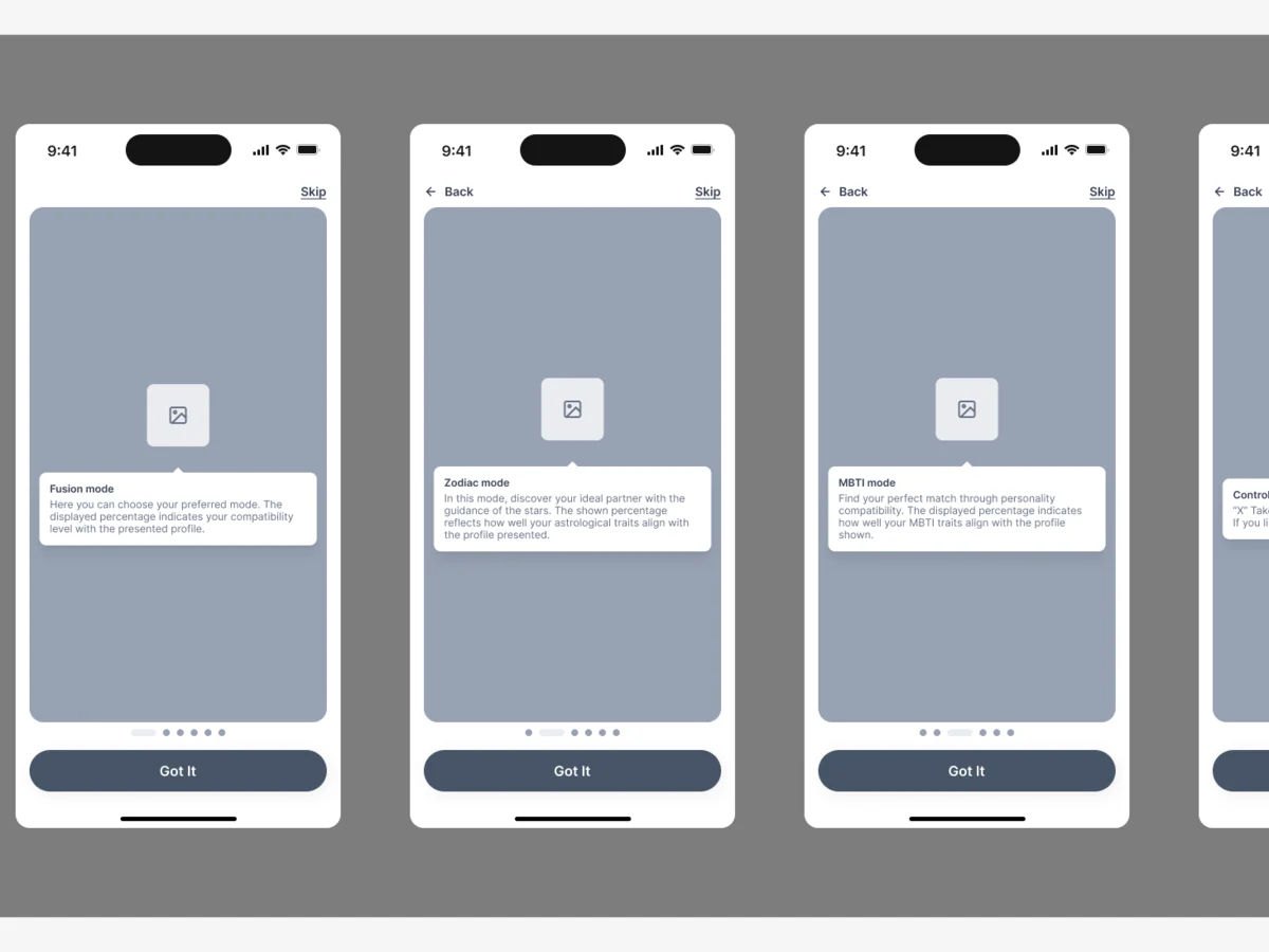 Three wireframes of the discovery tutorial: the Fusion mode, Zodiac mode and MBTI mode steps, each a grey screen with a tip card and Got It