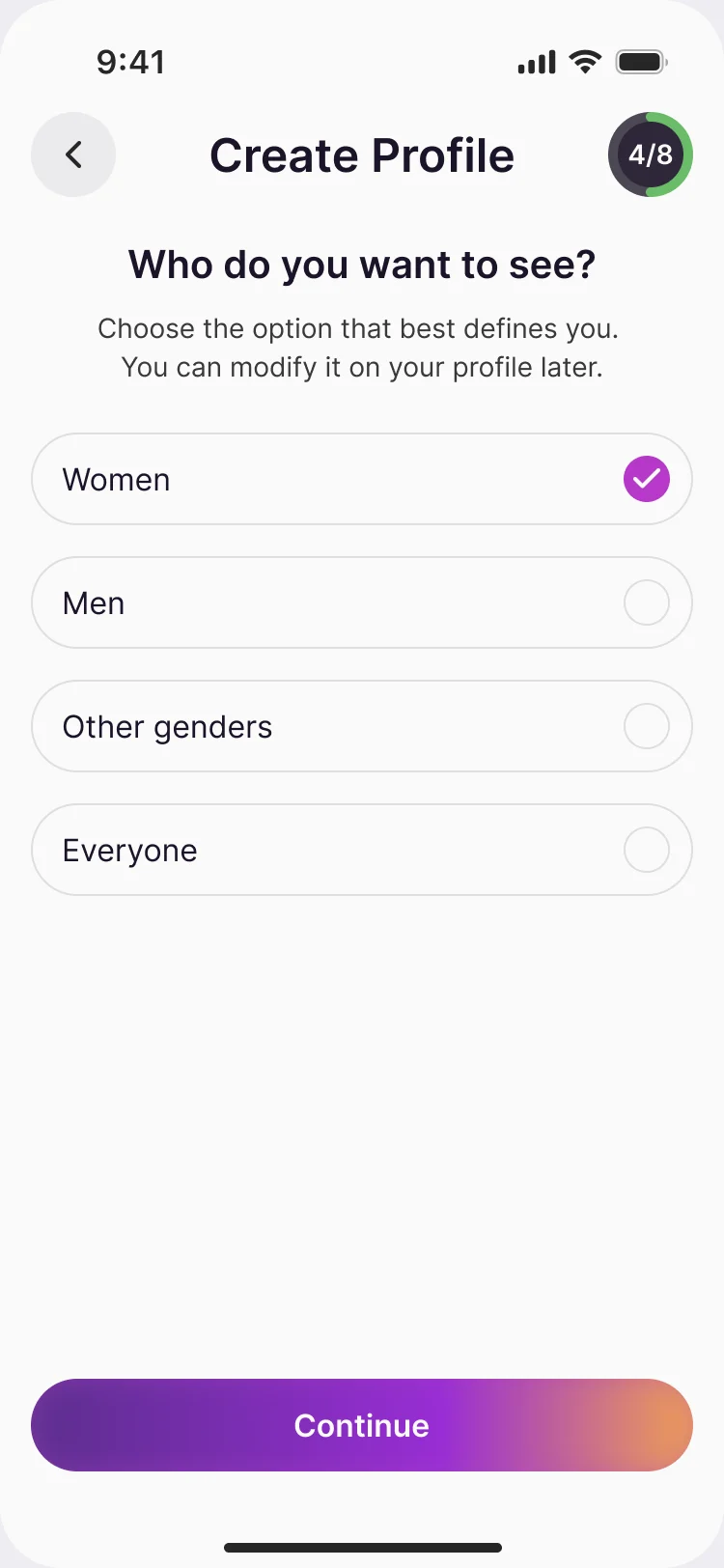 Who do you want to see, step 4 of 8: Women selected, Men, Other genders and Everyone, with Continue