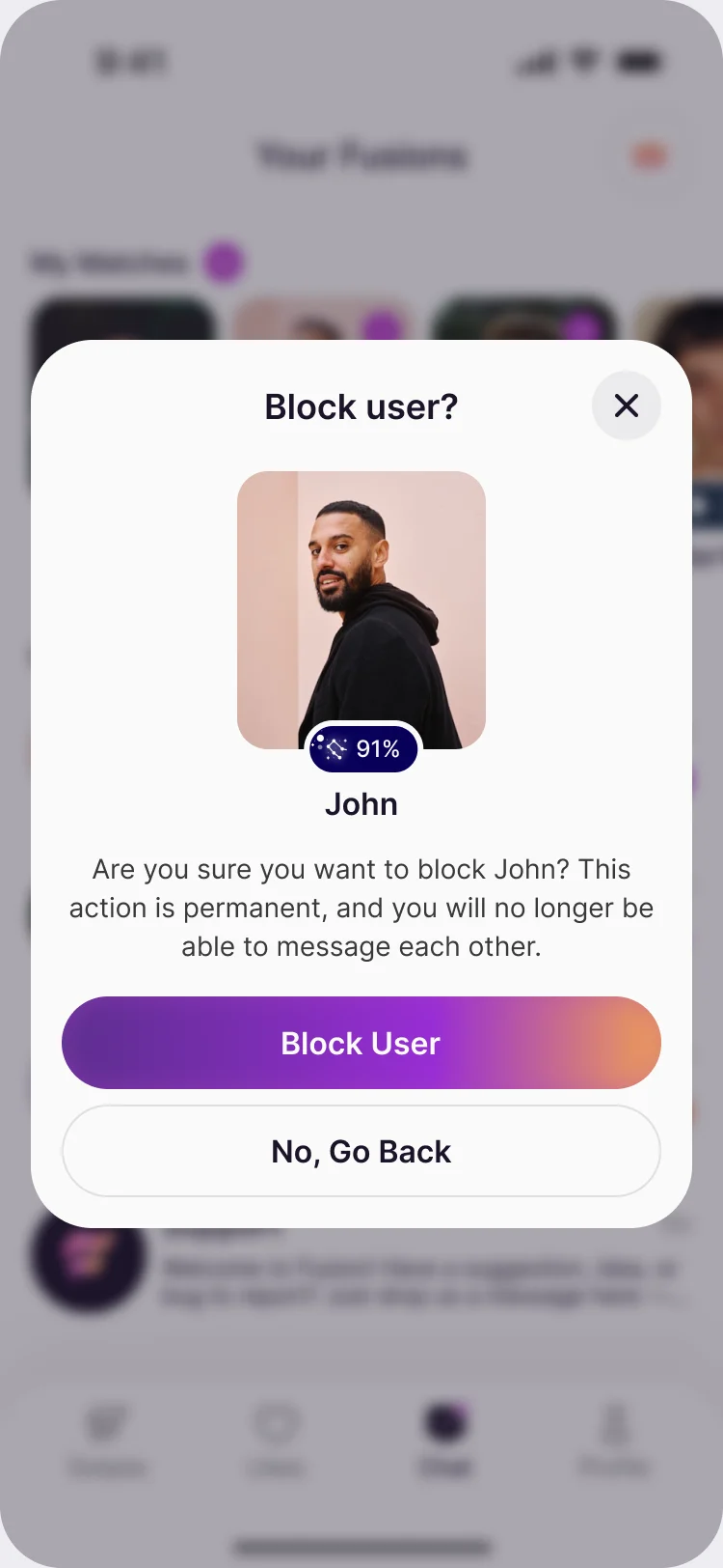 Block user dialog: John, and a warning that the action is permanent, with Block User and No, Go Back